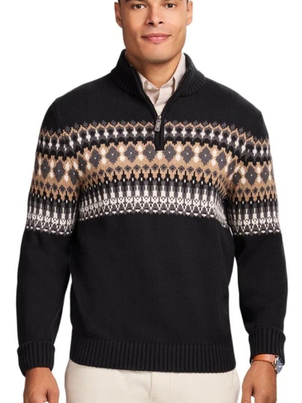 IZOD Men's Black Holiday Fair Isle Quarter Zip Sweater SZ M